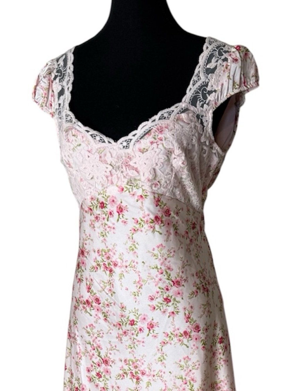 THIRTY THIRTY New Satin Pink Floral Lace Maxi Dress Puff Cap Sleeve Large *FLAW